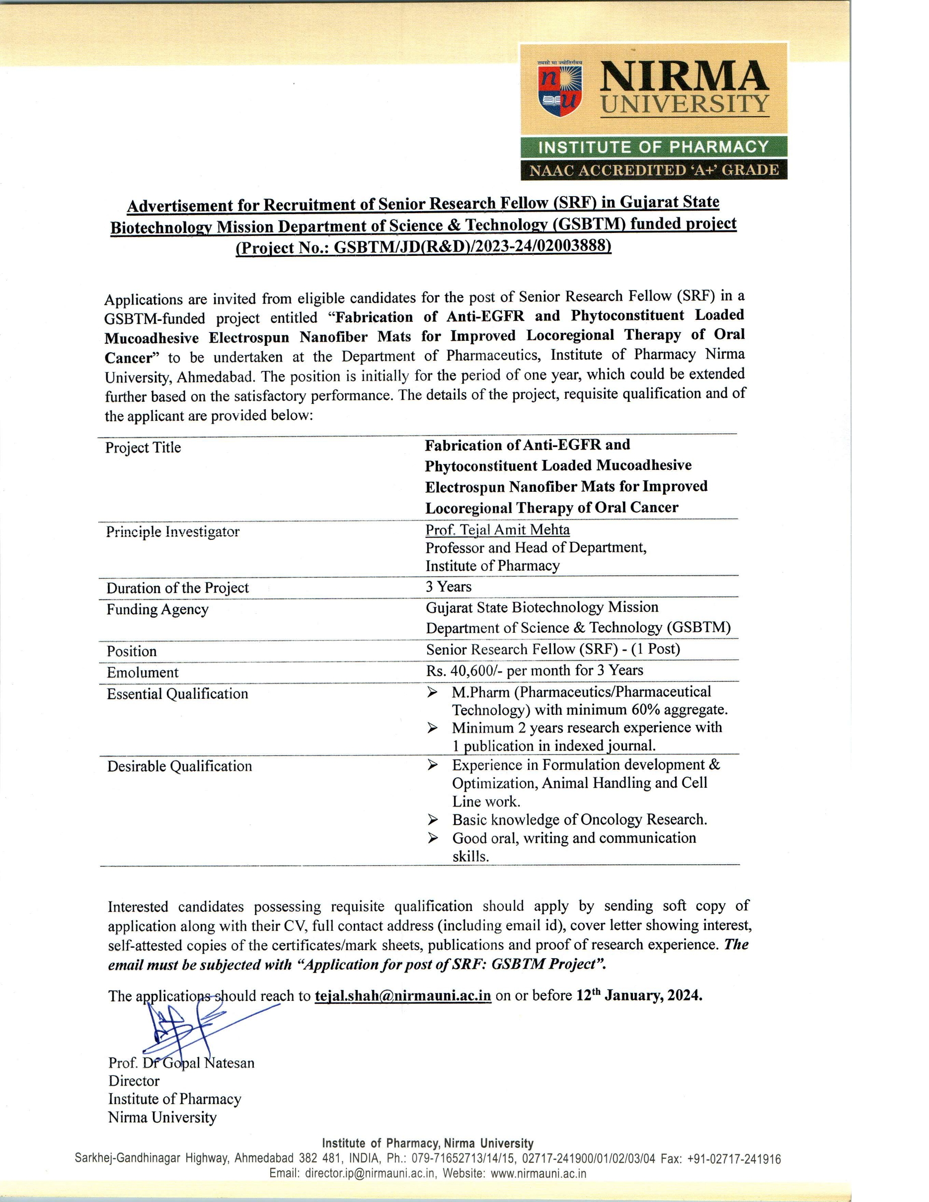 Advertisement for SRF under GSBTM funded Major Research Project ...